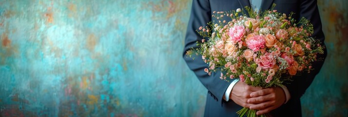 Stylish groom holding exquisite wedding bouquet against striking blue studio backdrop
