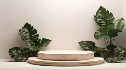 Wooden minimal style pedestal, simple round stand with green tropical plants around. Product presentation concept.