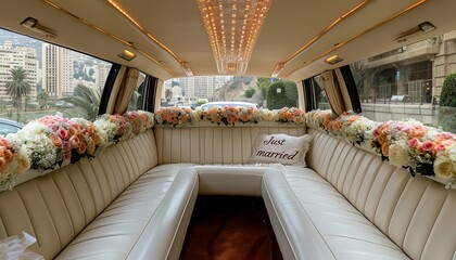 Beautiful white wedding limousine with  just married  sign and elegant floral decorations.