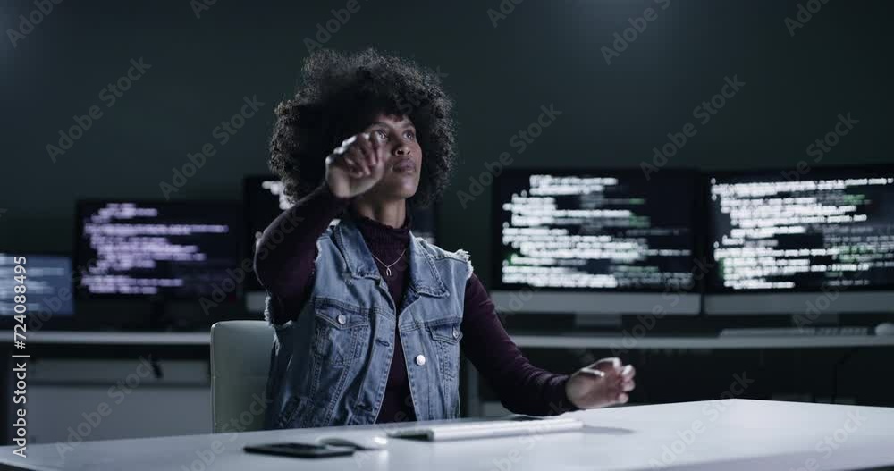 Leinwandbilder Software development, virtual screen and woman coding machine learning AI, cloud computing system or algorithm. Night developer, digital transformation and coder programming cybersecurity database
