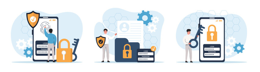 Character pass a two-level protection system,a character confident in the reliability of security,authorization and permission to access data.Data protection concept.Vector illustrations set.