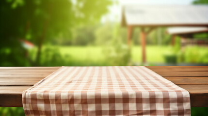 Empty wooden table with tablecloth ready for picnic in the garden.
