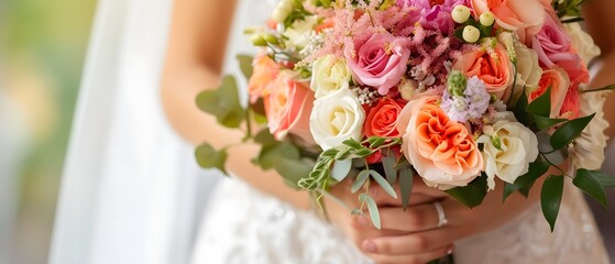 bride holding bouquet, delicate details of a bride's hands as she holds a stunning bouquet. The vibrant colors of the flowers complement the bride's attire, and the soft focus background
