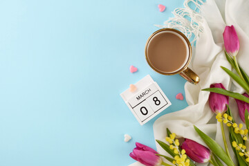 Empowerment elegance: toasting to Women's Day with style and grace. Top view photo of cup of coffee, cube calendar, scarf, tulips, mimosa on pastel blue background with empty space for greeting text