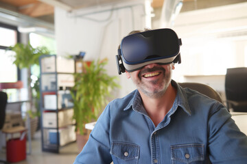 A smiling man in a Modern Bright Office environment wearing a vr headset.