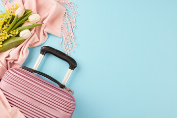 Revive your roaming spirit: awaits springtime escapades. Top view photo of baggage, cozy scarf,...