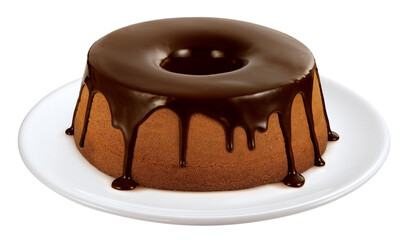 bolo de chocolate com cobertura de calda de chocolate ao leite derretido isolado em fundo...