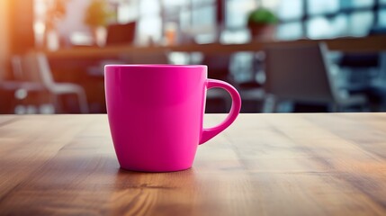 Fototapeta premium Hot Pink Coffee Cup on a wooden Table. Blurred Interior Background
