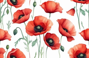 Obraz premium Blooming bouquet of red poppies. Poppies seamless pattern. Watercolor flowers.