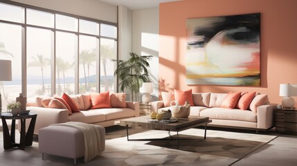 An architectural dream with a plush coral sofa, geometric lines casting shadows in a twilight setting for a serene ambiance