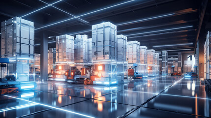 An expansive, brightly lit warehouse with futuristic, silver storage units and robots organizing packages on glowing shelves