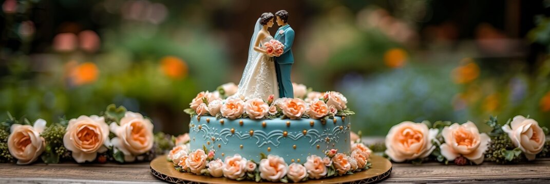 Charming wedding cake topper  bride and groom figurine with space for personalized text