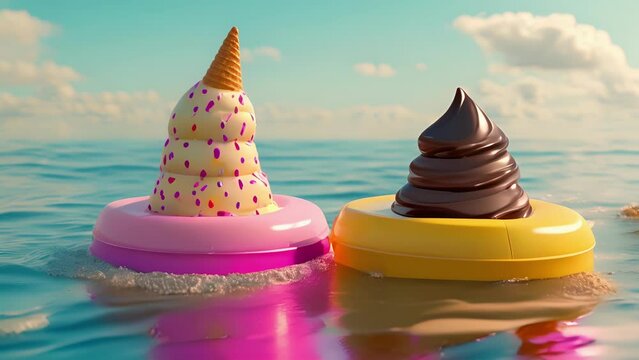 Two ice cream cones one chocolate and one vanilla floating in the ocean on inflatable rafts. They are using their cones as floaties and have cones of sunscreen on their heads
