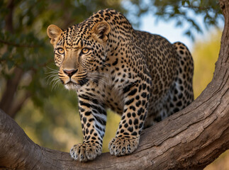 Portrait of African leopard on tree