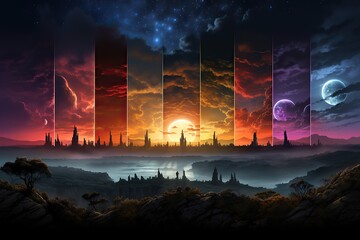 Panoramic artwork of a transitioning sky from dusk to night with celestial elements
