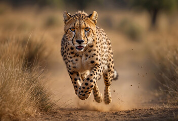 African cheetah running in grass - obrazy, fototapety, plakaty