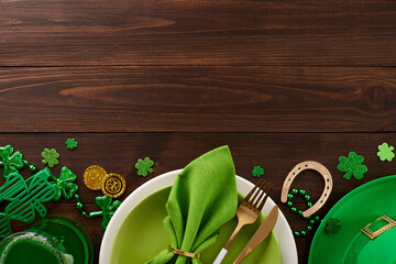 Irish elegance: A St. Patrick's Day feast. Top view shot of plates, cutlery, party eyewear,...