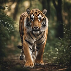 Majestic Tiger Striding Through Dense Jungle Filled with Exotic Flora and Fauna