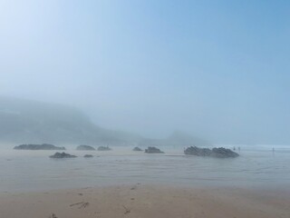 foggy ocean coast, fog at the ocean beach