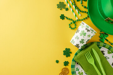 Chic green spectacle: St. Patrick's Day elegance. Top view photo of paper plates, cups, cutlery,...