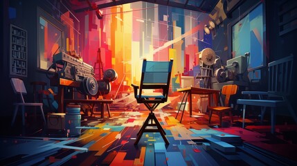 An abstract, color-blocked representation of a movie set, featuring a clapperboard and reels with a blurred background of director's chairs - obrazy, fototapety, plakaty