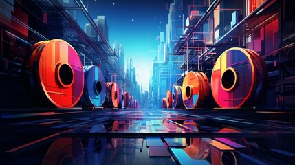 Abstract art of cable reels with hyper-saturated colors against a backdrop of a surreal, geometric cityscape