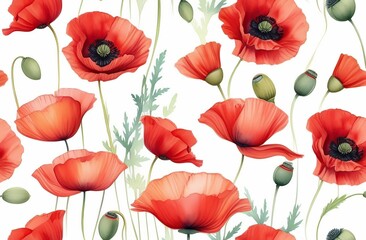 Blooming bouquet of red poppies. Poppies seamless pattern. Watercolor flowers.