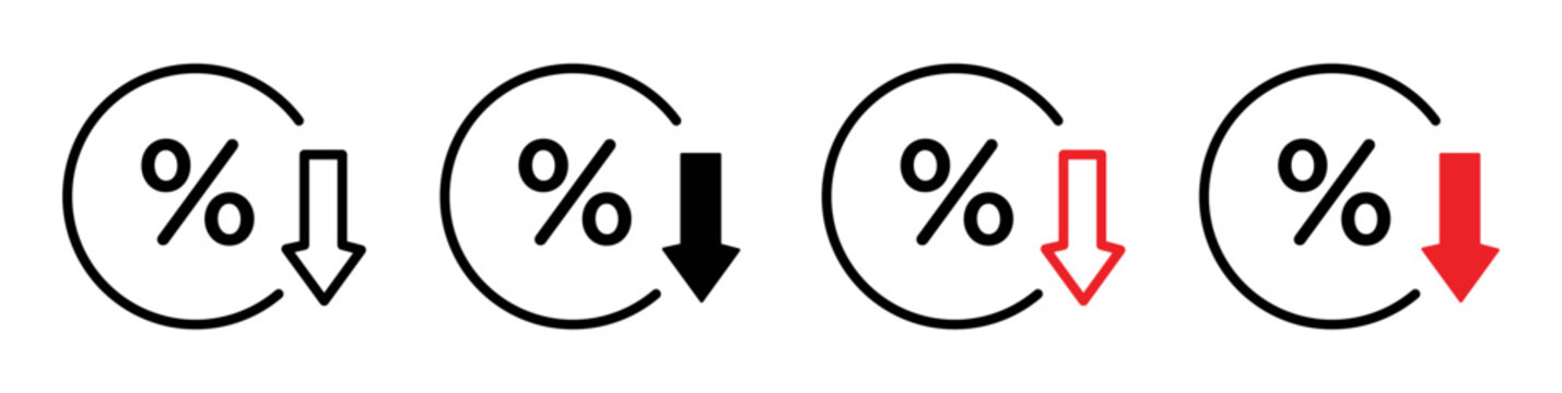 Interest rate reduction or percent down outline icon collection or set. Interest rate reduction or percent down Thin vector line art