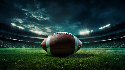 pigskin football with a glossy finish on a vibrant green field under stadium lights at dusk