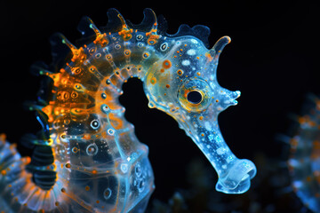 A blue seahorse in the dark sea deep. Generative AI