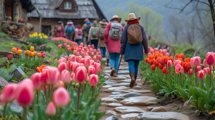 Group of people walking on cobblestone path - flower garden - vibrant spring colors - pastel - spring fashion - quirky humor  - Powered by Adobe