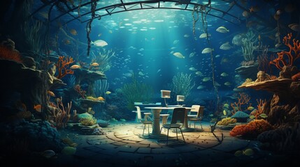 classroom under the sea, with fish swimming around floating desks and a coral reef chalkboard