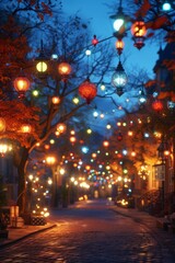 Colorful lights hanging over a street with autumn trees