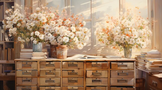 An impressionistic painting of rustic wooden filing cabinets overflowing with blooming flowers in a sunlit, vintage office