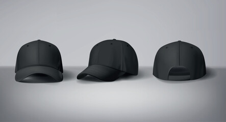 Black baseball caps mock up in gray background, front and back or different sides. For branding and advertising.