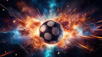 Fototapeta premium Conceptual digital art piece featuring a soccer ball exploding with light rays and particles, set against a cosmic backdrop