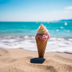 Seaside Sweetness: Ice Cream Cone Planted in the Sand, Sea as the Scenic Backdrop