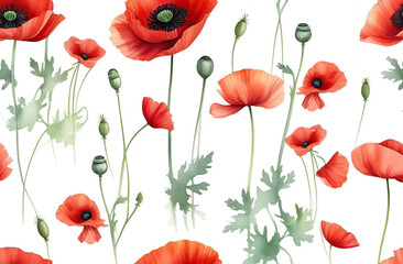 Blooming bouquet of red poppies. Poppies seamless pattern. Watercolor flowers.