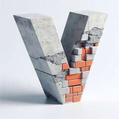 V letter shape created from concrete and briks. AI generated illustration