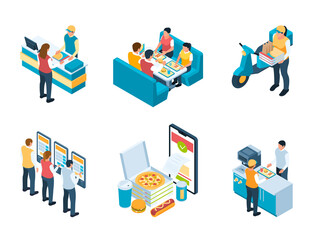 Isometric fast food mini composition collection with people ordering in a restaurant