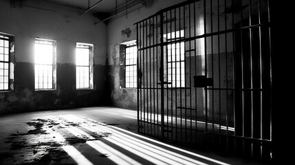 High-contrast black and white photo of an empty prison cell, the open door casting long shadows on the floor - obrazy, fototapety, plakaty