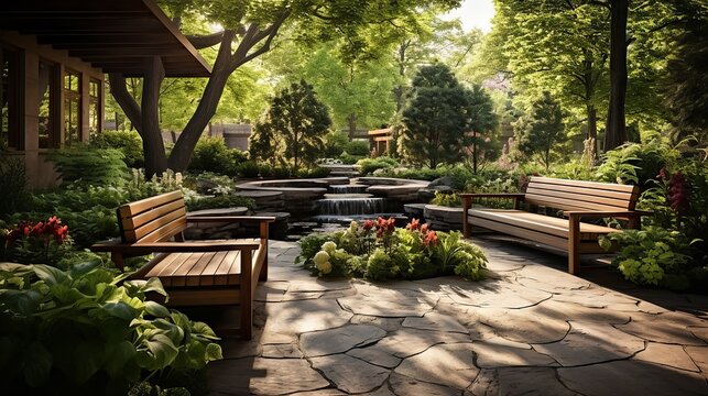 An outdoor garden waiting area with natural wood benches, a stone path, lush greenery, and a tranquil fountain centerpiece