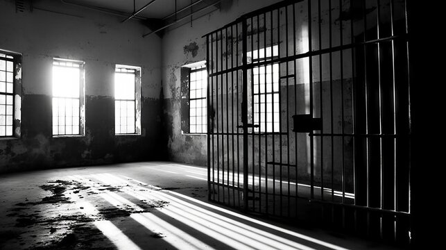 High-contrast black and white photo of an empty prison cell, the open door casting long shadows on the floor