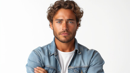 Fototapeta premium Radiant Style: Handsome Man with Joyful Expression on Solid Color Background