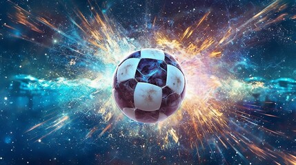 Conceptual digital art piece featuring a soccer ball exploding with light rays and particles, set against a cosmic backdrop