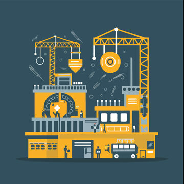2d vector illustration colorful machine , worker and Industry and its development technology, factories and production lines icon