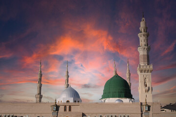 mosque at night. Masjid nabi of Medina. Green dome and moon.