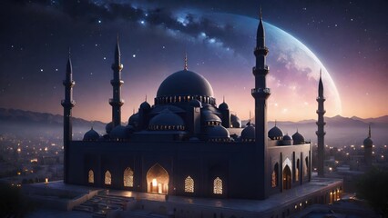 Big Mosque Silhouette Under Starry Night. Suitable for Ramadan concept, Islamic concept, Greeting card, Wallpaper, Background, Illustration, etc 