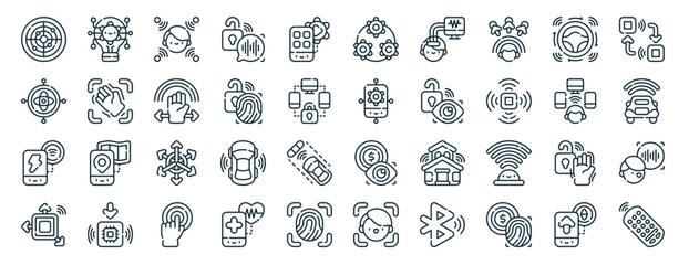 set of 40 outline web sensorization of things icons such as technology, accelerometer sensor, wireless charging, accelerometer sensor, sensor, data transfer, function icons for report, presentation,