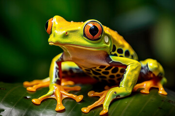 close up of Vibrant tropical Frog Sitting on a Leaf in the nature habitat